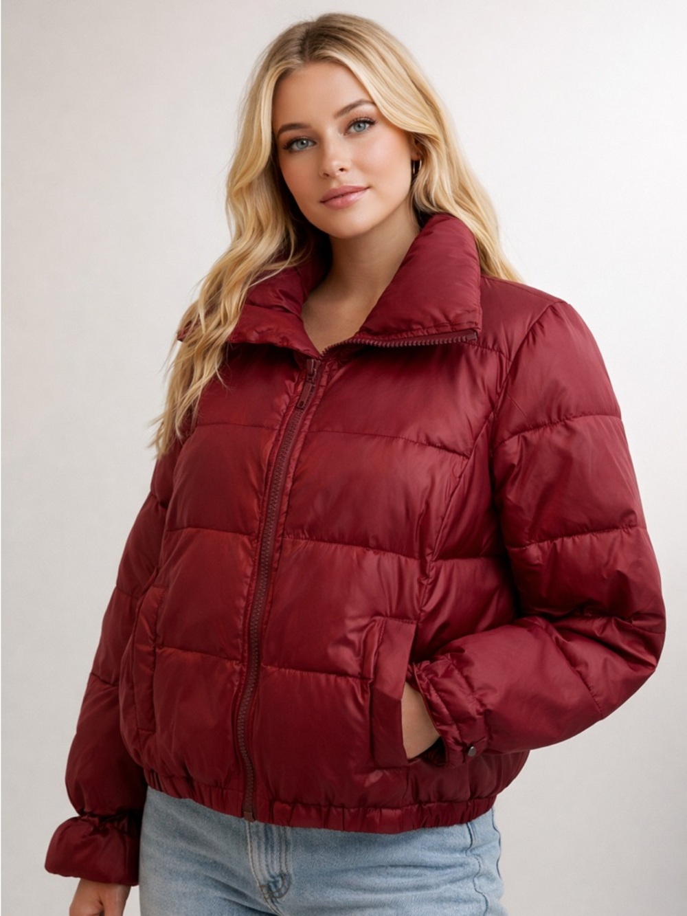 LOFT • Burgundy Sateen Finish Quilted Puffer Zip Front Jacket • Size Small